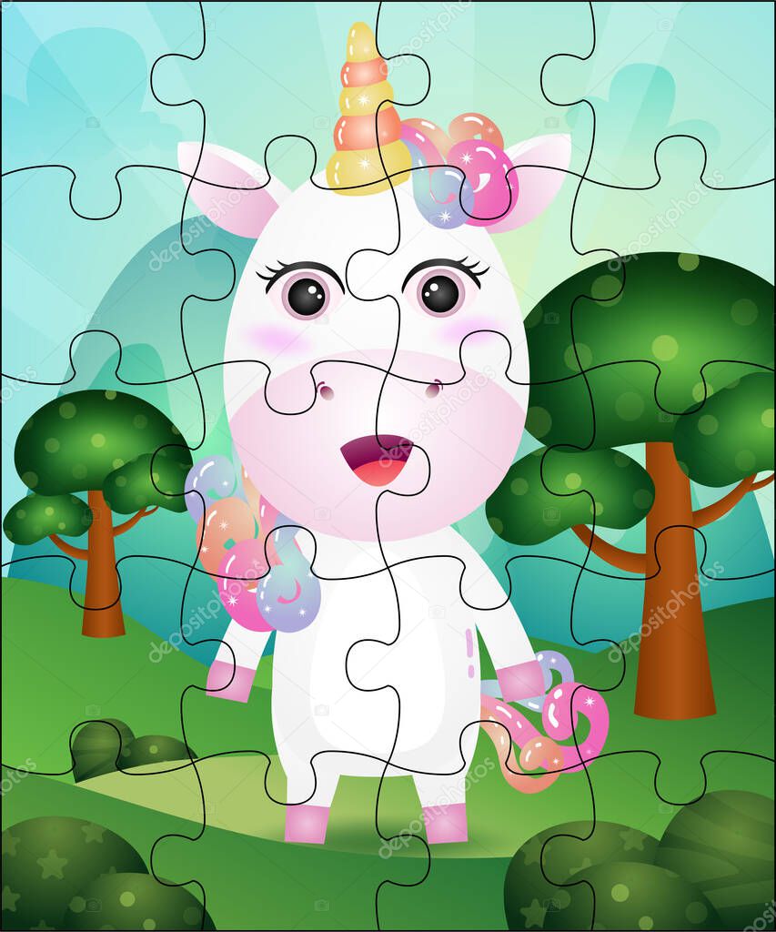 Puzzle game illustration for kids with cute unicorn