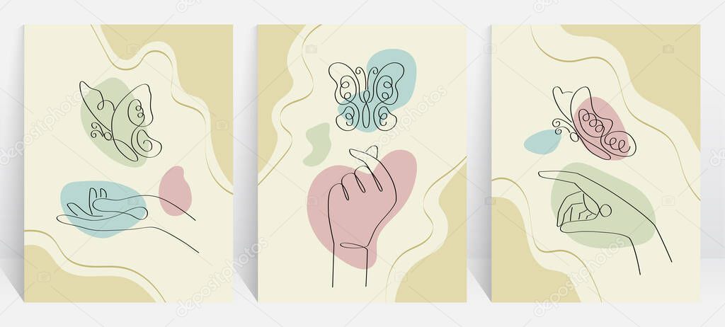 Abstract Aesthetic Illustration Set With Butterfly And Hand Elements One Line Drawing In A Trendy Linear Style Premium Vector In Adobe Illustrator Ai Ai Format Encapsulated Postscript Eps Eps Format