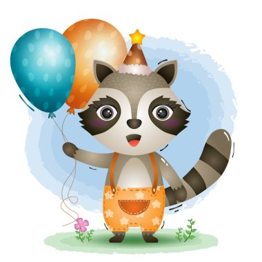 Doğum günü şapkası takan ve elinde balon tutan sevimli bir rakun.