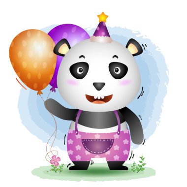 Doğum günü şapkası takan ve elinde balon tutan sevimli bir panda.