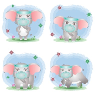 Güzel fil, yüz kalkanı ve maske koleksiyonu kullanıyor.