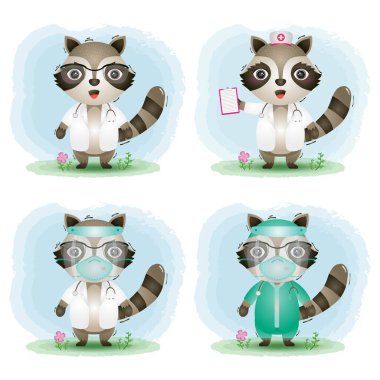 Tıp ekibi doktoru ve hemşire kostüm koleksiyonu olan sevimli bir rakun.