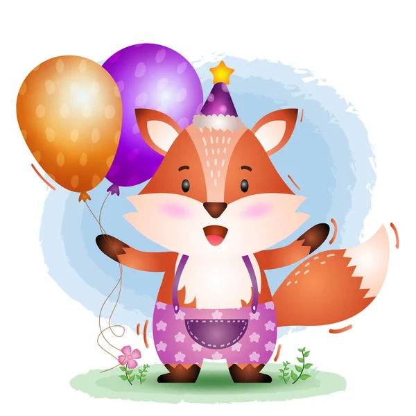 Cute Fox Using Birthday Hat Holds Balloon — Stock Vector