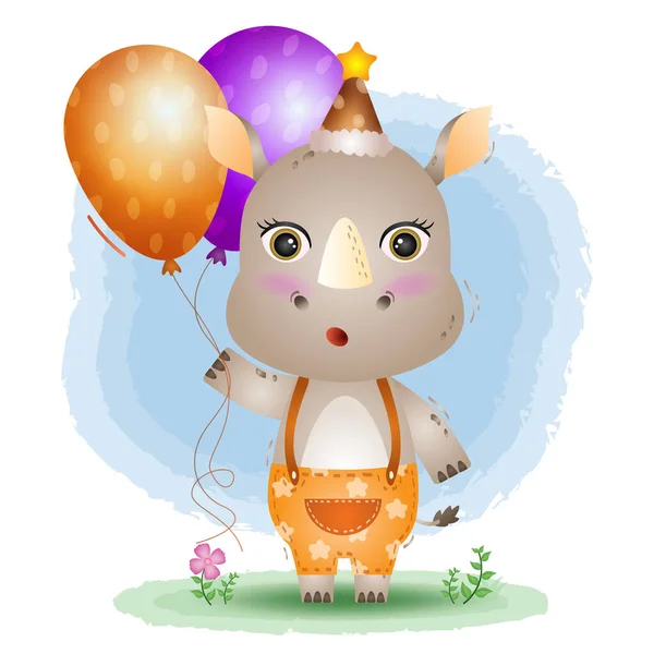 Een Leuke Neushoorn Met Behulp Van Verjaardagshoed Houdt Ballon — Stockvector