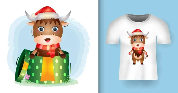 Cute Buffalo Christmas Characters Using Santa Hat Scarf Gift Box — Stock Vector