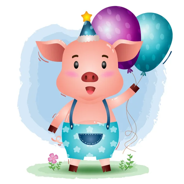 Porco Bonito Usando Chapéu Aniversário Segura Balão — Vetor de Stock