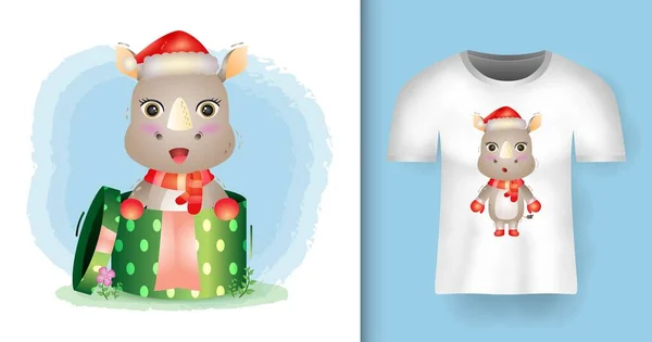 Cute Rhino Christmas Characters Using Santa Hat Scarf Gift Box — Stock Vector