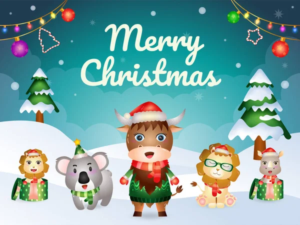 Tarjeta Felicitación Feliz Navidad Con Carácter Animales Lindos Búfalo León — Vector de stock