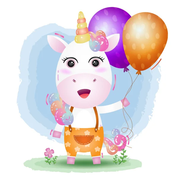 Cute Unicorn Using Birthday Hat Holds Balloon — Stock Vector