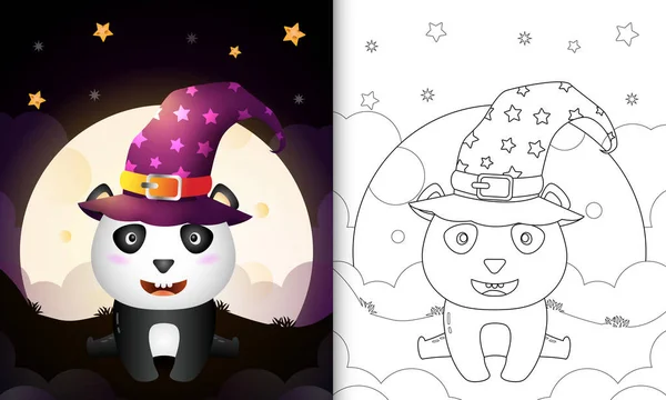 Omalovánky Kniha Roztomilou Kreslené Halloween Čarodějnice Panda Před Měsícem — Stockový vektor