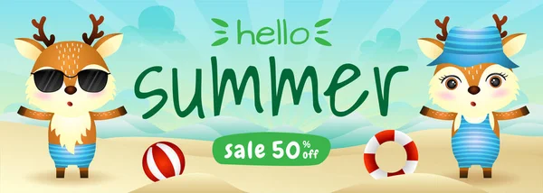 Літній Розпродаж Банер Милим Оленям Пляжі — стоковий вектор