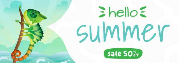 Summer Sale Banner Cute Chameleon Using Summer Costume — Stock Vector