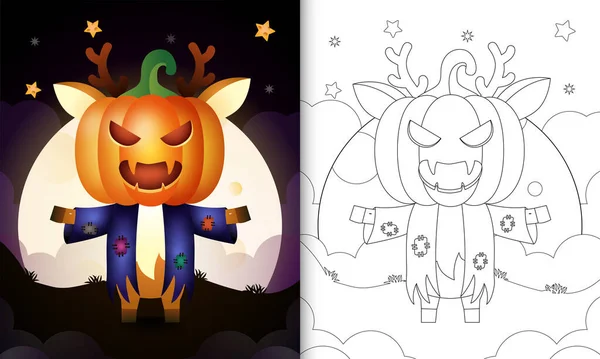 Coloring Book Cute Deer Using Costume Scarecrow Pumpkin Halloween — Stock Vector