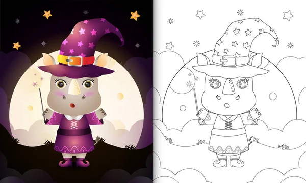 Buku Mewarnai Dengan Badak Lucu Menggunakan Kostum Penyihir Halloween Stok Ilustrasi 