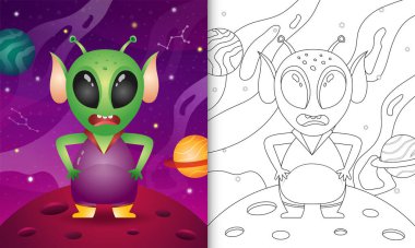 Uzay Galaksisinde sevimli bir uzaylı olan çocuklar için boyama kitabı.