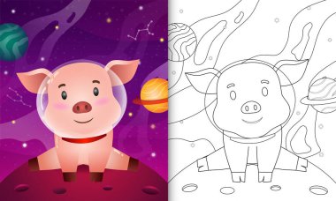Uzay galaksisindeki şirin domuzlu çocuklar için boyama kitabı.
