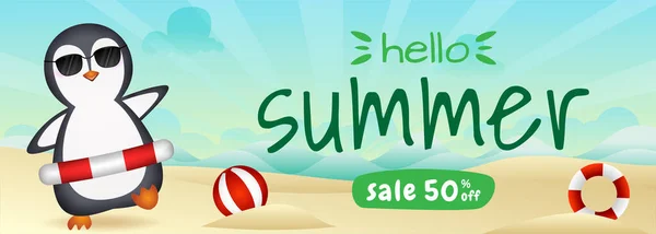 Can simidi halkası kullanan sevimli bir penguen ile yaz indirimi afişi.