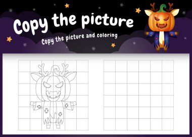 Cadılar Bayramı kostümü giyen sevimli bir geyikle resim çocuk oyunu ve boyama sayfasını kopyala