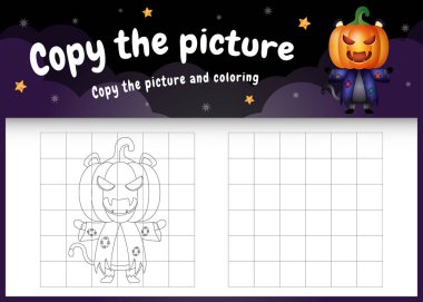 Cadılar Bayramı kostümü giyen sevimli siyah bir kediyle resim oyunu ve boyama sayfasını kopyala