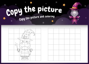 Cadılar Bayramı kostümü giyen sevimli bir hipopotam ile resim çocuk oyunu ve boyama sayfasını kopyala