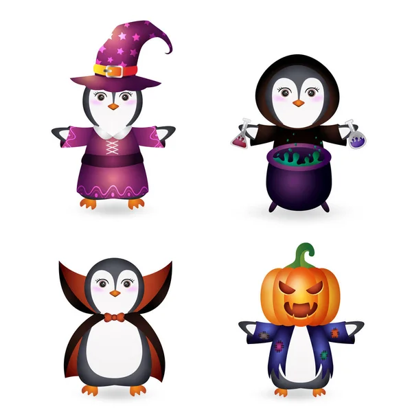 Bonito Pinguim Com Traje Halloween Personagem Coleção — Vetor de Stock