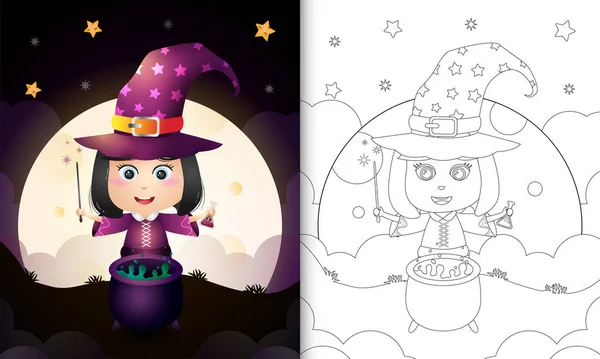 Buku Mewarnai Dengan Halloween Penyihir Lucu Stok Vektor