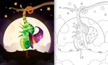 Cadılar bayramı cadı bukalemunuyla boyama kitabı Ay 'ın önünde