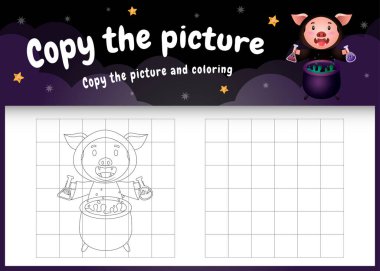 Cadılar Bayramı kostümü giymiş şirin bir domuzla resim oyunu ve boyama sayfasını kopyala