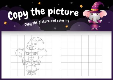 Cadılar Bayramı kostümü giyen şirin bir fille resim çocuk oyunu ve boyama sayfasını kopyala