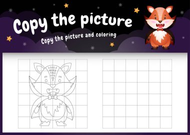 Cadılar Bayramı kostümü giyen şirin bir tilkiyle resim çocuk oyunu ve boyama sayfasını kopyala