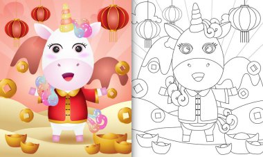 Yeni yıl temalı geleneksel Çin kıyafetleri kullanan şirin bir tek boynuzlu atı olan çocuklar için boyama kitabı.