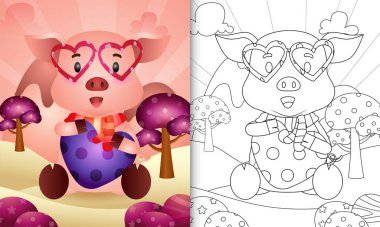 Sevimli bir domuza sarılan kalp temalı sevgililer günü temalı çocuklar için boyama kitabı.
