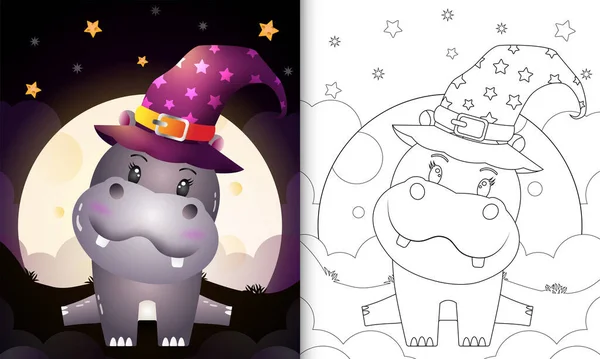 Målarbok Med Söt Tecknad Halloween Häxa Flodhäst Framför Månen — Stock vektor