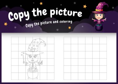 Cadılar Bayramı kostümü giyen sevimli bir kızla resim oyunu ve boyama sayfasını kopyala