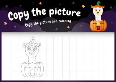 Cadılar Bayramı kostümünü kullanarak resim çocuk oyununu ve boyama sayfasını şirin bir alpaka ile kopyala