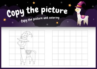 Cadılar Bayramı kostümünü kullanarak resim çocuk oyununu ve boyama sayfasını şirin bir alpaka ile kopyala