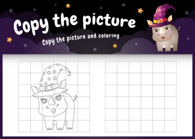 Cadılar Bayramı kostümü giyen sevimli bir gergedanla resim çocuk oyunu ve boyama sayfasını kopyala