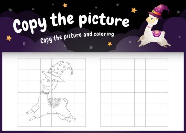 Cadılar Bayramı kostümünü kullanarak resim çocuk oyununu ve boyama sayfasını şirin bir alpaka ile kopyala