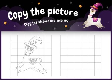 Cadılar Bayramı kostümünü kullanarak resim çocuk oyununu ve boyama sayfasını şirin bir alpaka ile kopyala