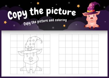 Cadılar Bayramı kostümü giymiş şirin bir domuzla resim oyunu ve boyama sayfasını kopyala