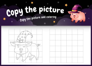 Cadılar Bayramı kostümü giymiş şirin bir domuzla resim oyunu ve boyama sayfasını kopyala