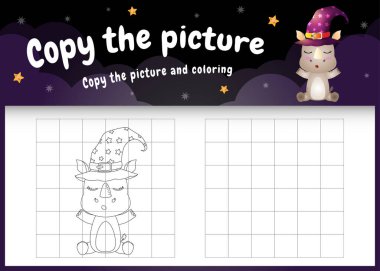 Cadılar Bayramı kostümü giyen sevimli bir gergedanla resim çocuk oyunu ve boyama sayfasını kopyala