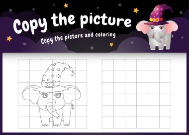 Cadılar Bayramı kostümü giyen şirin bir fille resim çocuk oyunu ve boyama sayfasını kopyala