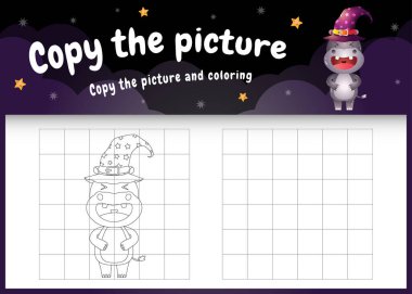 Cadılar Bayramı kostümü giyen sevimli bir hipopotam ile resim çocuk oyunu ve boyama sayfasını kopyala