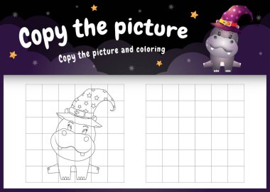 Cadılar Bayramı kostümü giyen sevimli bir hipopotam ile resim çocuk oyunu ve boyama sayfasını kopyala