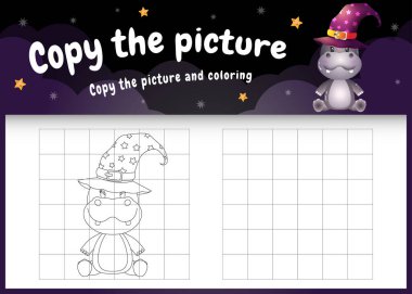 Cadılar Bayramı kostümü giyen sevimli bir hipopotam ile resim çocuk oyunu ve boyama sayfasını kopyala