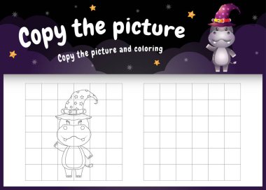 Cadılar Bayramı kostümü giyen sevimli bir hipopotam ile resim çocuk oyunu ve boyama sayfasını kopyala