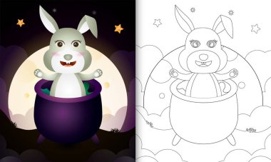 Cadı kazanı içinde şirin bir tavşan olan boyama kitabı.