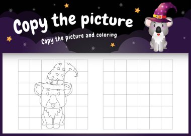 Cadılar Bayramı kostümü giyen sevimli bir koala ile resim çocuk oyunu ve boyama sayfasını kopyala