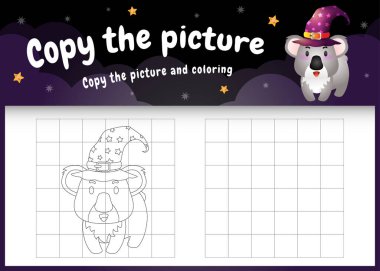 Cadılar Bayramı kostümü giyen sevimli bir koala ile resim çocuk oyunu ve boyama sayfasını kopyala